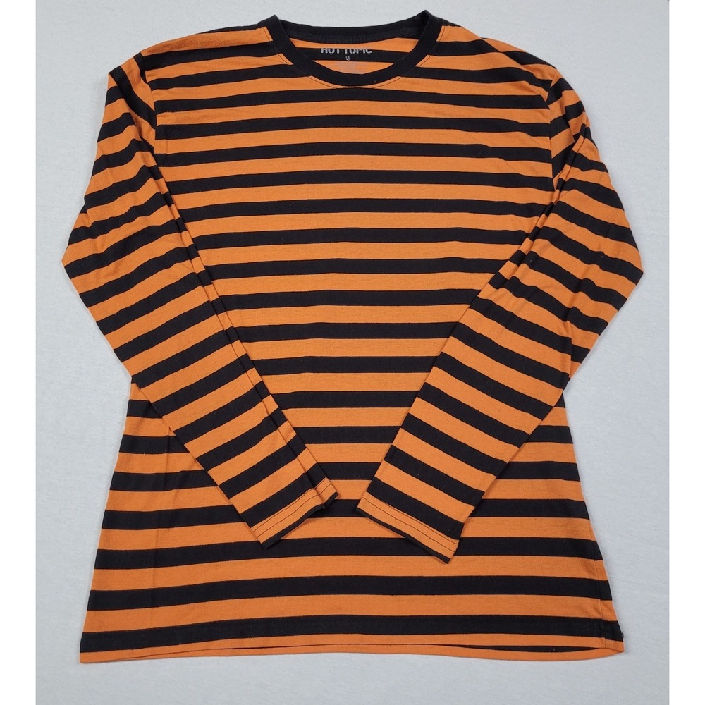 Hot Topic Men's Orange & Black Striped Crewneck Long-Sleeve T-Shirt Size L
